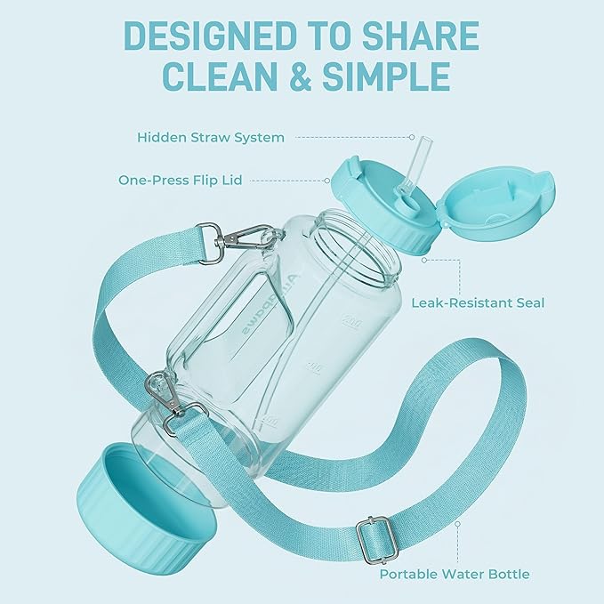 Large Capacity 40 Oz Dog & Human Water Bottle, BPA-Free Portable Travel Dog Water Bottle with Removable Bowl & Straw, Leakproof Water Dispenser for Outdoor Walking, Hiking, Camping