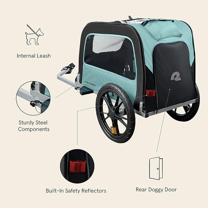 Retrospec Rover Waggin' Pet and Dog Bike Trailer with Weather-Resistant Canopy & Mesh Shield - Foldable Frame, 16in Wheels with Storage Pouch & Internal Safety Leash Supports up to 50 lbs
