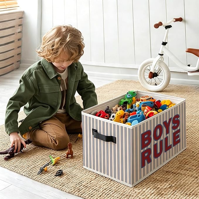 Boys Nursery Foldable Storage Bins Box with Handles, Boys Rule Trendy Retro Striped Decorative Storage Boxes Baskets Toybox Organizer for Kids Boy Nursery Toddler Room Bedroom Playroom
