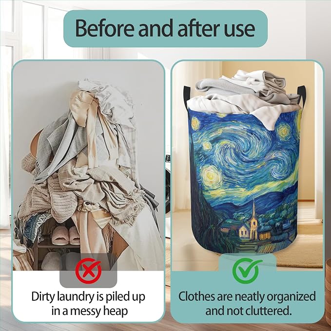 Starry Night Round Laundry Basket Collapsible Laundry Hamper with Handles Toys Clothes Organizer Bin For Home Bathroom Bedroom Dorm Nursery