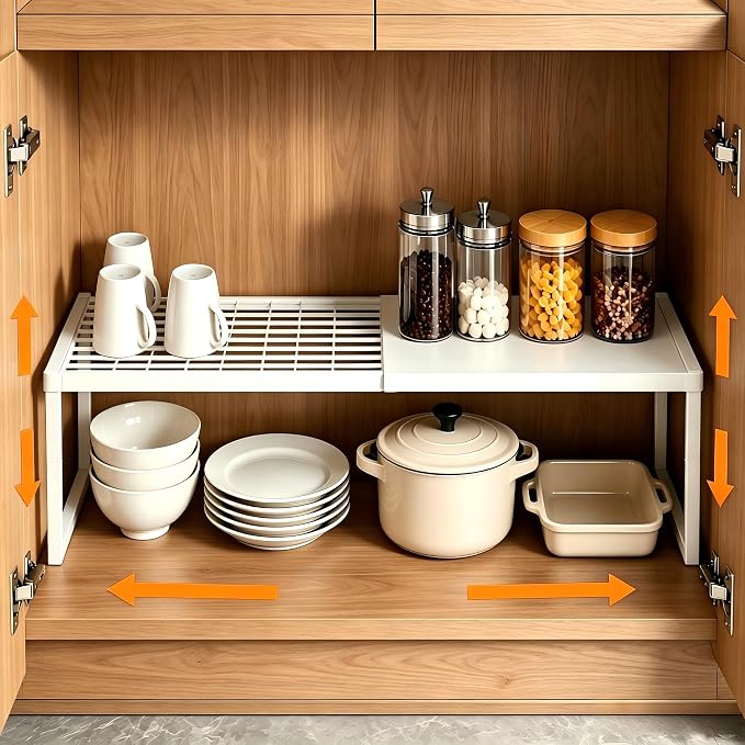 Cabinet Shelf, 1 Pack Stackable Shelf for Kitchen Storage | Expandable & Height Adjustable Cabinet Organizer Shelf | Metal Shelf Organizer | White Spice Rack for Pantry Storage