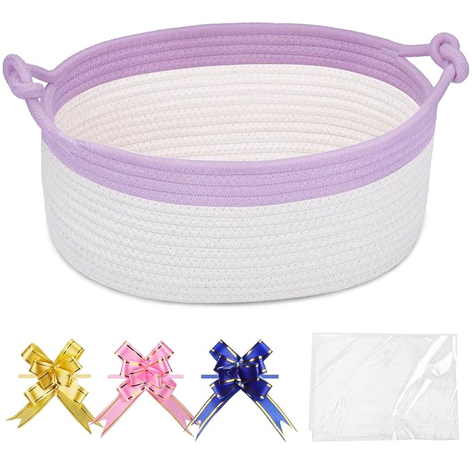 COMSE Small Gift Basket Empty with Bag & Ribbons, Purple & White | Cotton Rope, 12"x 8"x 5", Pet Toy Storage Organizer, Woven Basket for Birthdays, Baby Showers, Mother’s Day, Valentine’s Day