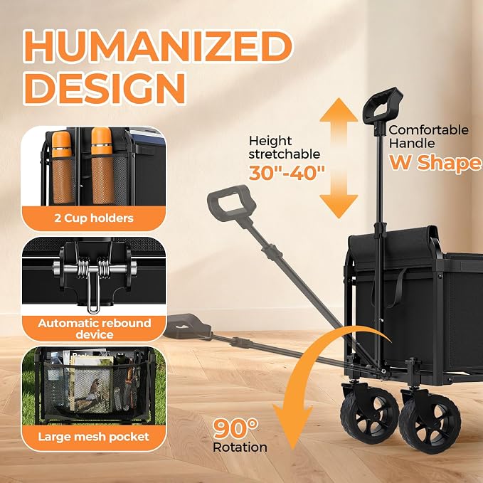 Portable Collapsible Wagon Cart, Foldable Cart with Removable Side, Utility Groceries Wagon for Dogs Pets Camping Beach Shopping Sports Gardeing Fishing, Dark Black
