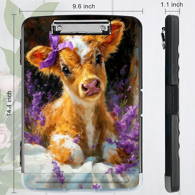 A4 Clipboard with Storage Pen Holder, Clipboards Organizer Nursing Clipboard Foldable File Folder Plastic Clipboard Folio Clip Board for Office Work Classroom Doctor, Lavender Cow