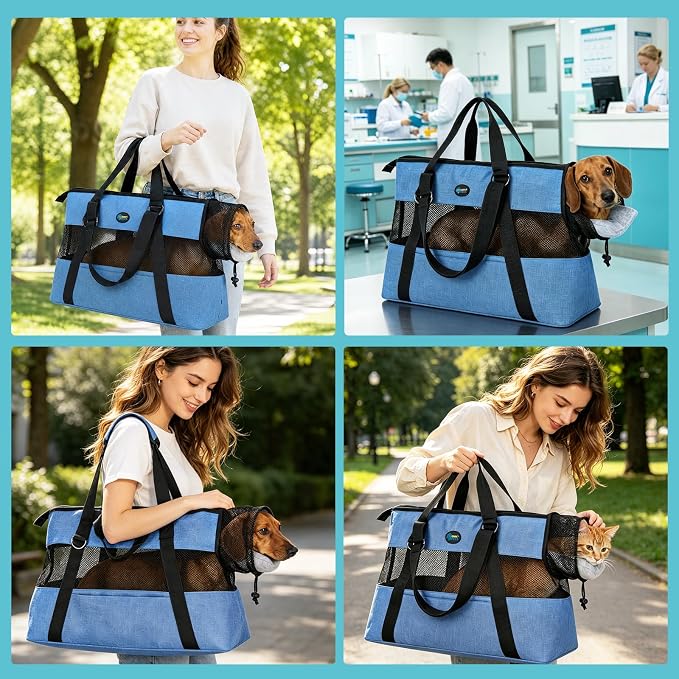 Ownpets XL Cat Dog Purse Carrier, Blue Breathable Mesh, Fits 20lbs | Summer ventilation, lightweight design, shoulder strap, travel vet shopping, blue
