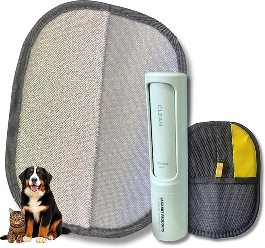 Jaxabby Products Reusable Pet Hair Remover Kit – 3-Piece Set with Fabric Pads & Self-Cleaning Lint Roller for Clothes, Furniture, Couch & Car, No Refills, Eco-Friendly (Pastel Blue)