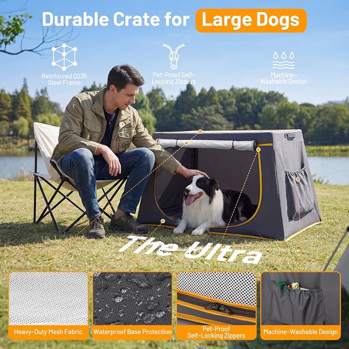 43 Inch Collapsible Travel Dog Crate, Dark Grey Portable Kennel | Collapsible Compact Storage, Breathable Mesh Windows, Built-in Storage Pocket, Indoor & Outdoor Use for Medium-Large Dogs