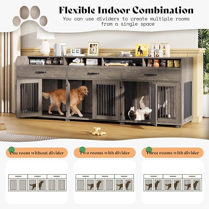 AMERLIFE 95" Dog Crate Furniture with Storage, 3-Room Indoor Wooden Dog Kennel for Medium/Small Dogs, TV Stand & Sideboard with Drawers & Removable Divider, Grey