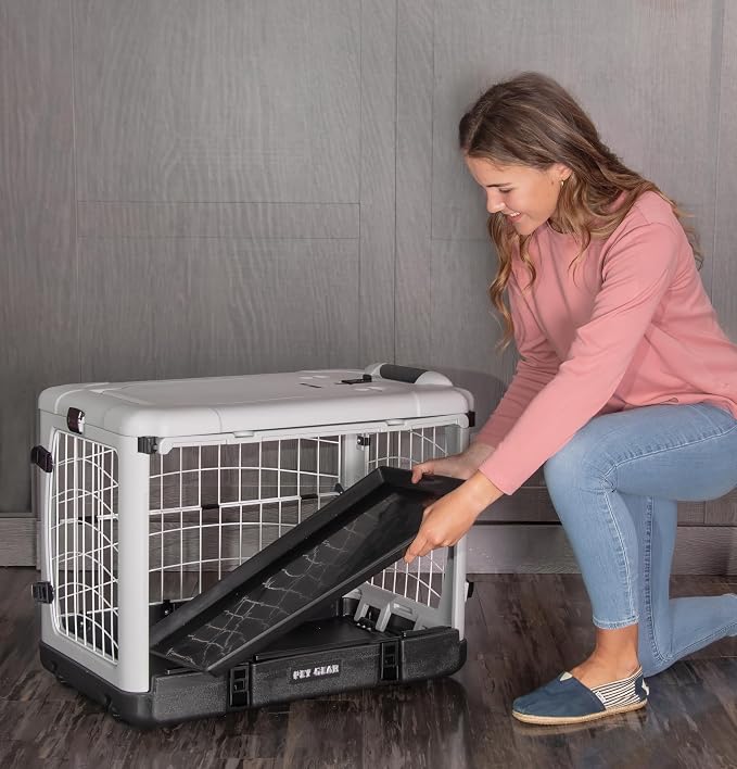 Pet Gear “The Other Door” 4 Door Steel Crate for Dogs/Cats with Removable Tray, Essential Grey, 27 Inch | Garage-Style Door, Includes Removable Tray, No Tools Required