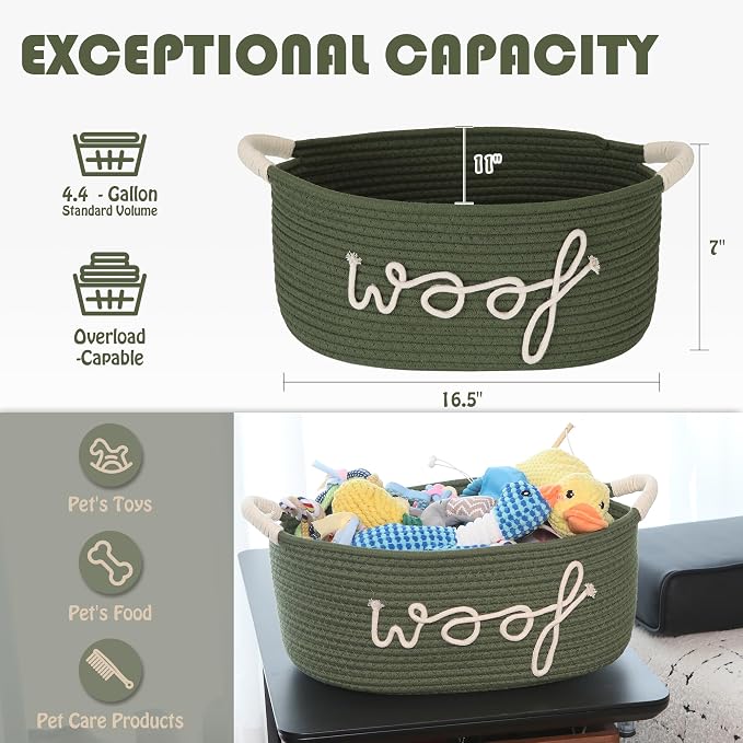 Sea Team Dog Toy Storage Basket with Handles, Green Woof | Large Cotton Rope Storage Bin, Shelf Basket, Organizer for Pet Chew Toys, Foods, 16.5 x 11 x 7 Inches, 4.4 Gallons