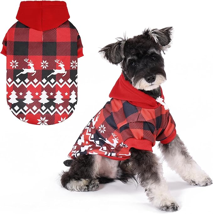 KOOLTAIL Christmas Dog Hoodie, Red Plaid Pet Sweater, Hat Hooded Sweatshirt Dog Clothes for Small Medium Large Dogs Cats, Soft Warm Winter Cold Weather Coat with Leash Hole&Pocket,Reindeer Snowflake,S
