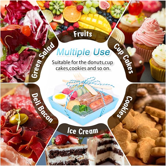 Whaline 50 Set Blue Small Charcuterie Boxes with Lids Forks Knives Summer Clear Mini Dessert Box Disposable Food Containers for Graduation Wedding Gift Giving Beach Party Sandwich Cookie Sushi Cake