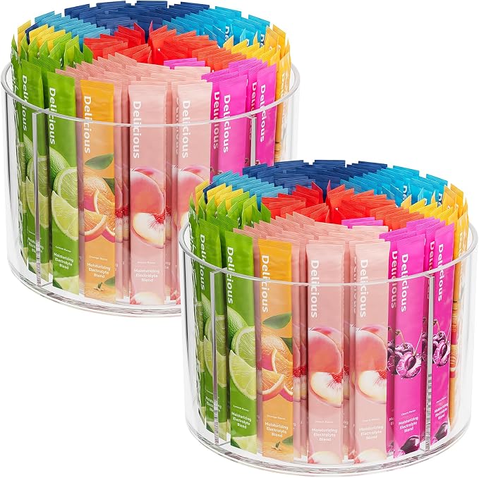 2-Pack Divided Drink Packet Organizer, Rotating Turntable Organizer | Spinning Powdered Drink Mix Holder, Clear Lazy Susan Turntable, Divided Water Drink Packet Storage Organizer
