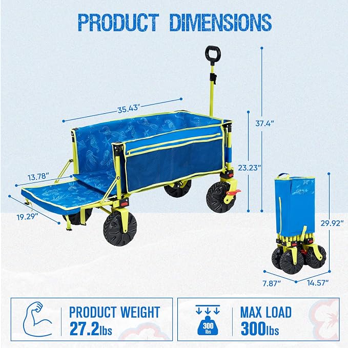Old Bahama Bay 300lbs Extra Long 49" L Beach Wagon with Big Wheels with Brake for Sand, Collapsible Utility Beach Cart Heavy Duty Folding Wagon,Ideal for Outdoor Sand Camping Garden Pet