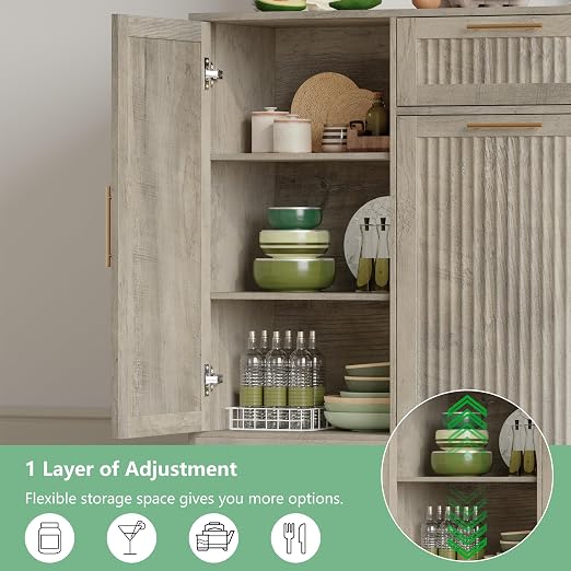 Double 13 Gallon Pull Out Trash Can Cabinet with Storage Cabinet,Wood Grey | Pet Proof Hidden Garbage Can Cabinet,3-Tier Shelves,Fluted Design,Extra Drawer Space,Kitchen & Dining Room Organization
