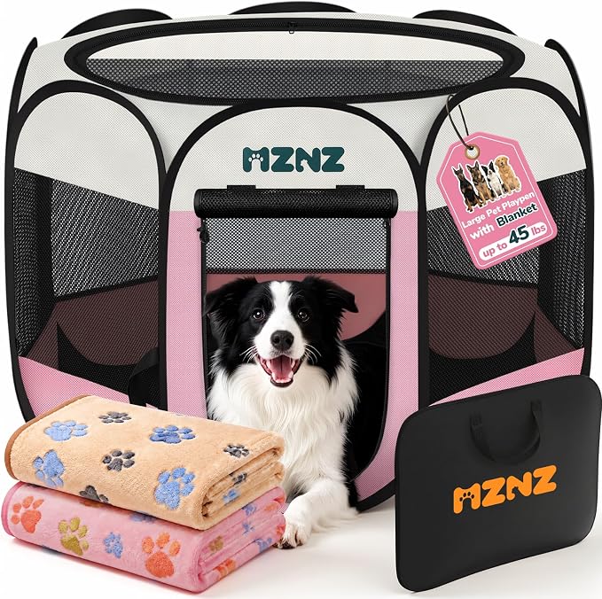 Dog Cat Small Animal Puppy Playpen Crate with 2 Blankets, Large, Pink