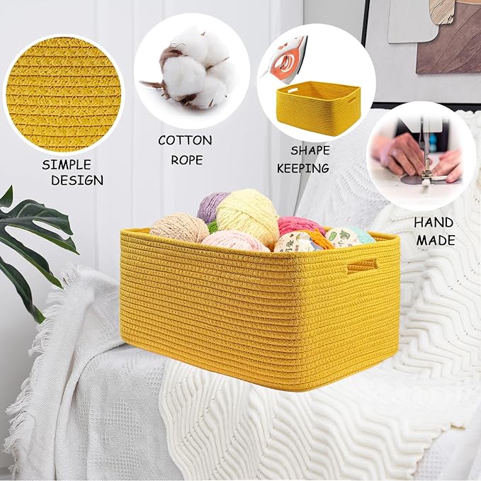 COMFY-HOMI Cotton Rope Woven Basket with Handles for Shelves,Toys,Book, Cloth Storage Baskets Bin for Organizing- 1 PCSToy Decorative Organizer for Living Room, Bathroom 17" x 13" x 7.5"