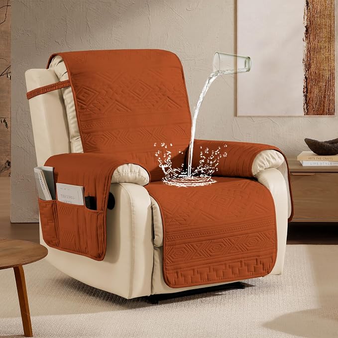 Boho Orange Quilted Recliner Covers, Water-Repellent Recliner Slipcovers, Lazy Boy Chair Covers, Pet Friendly Recliner Cover for Dogs, Washable Furniture Protector (Recliner 22", Burnt Orange)