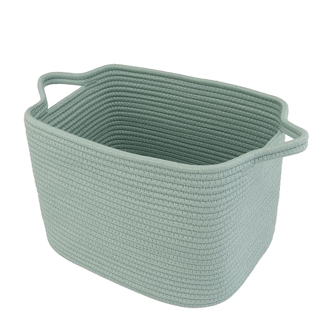 XUANGUO Woven Cotton Rope Storage Basket with Handles 13x10x9 inch Green | Woven cotton rope basket for shelves and closets. Perfect for toys, books, clothes, nursery storage and gift baskets
