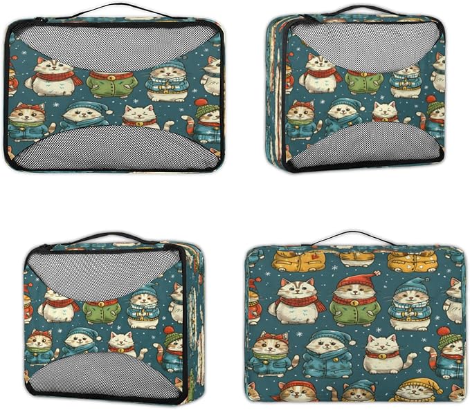 Packing Cubes for Travel, Christmas Winter Cat Travel Luggage Packing Organizers for Women Men, Large Custom Toiletries Bag for Cosmetics Toiletries, Japanese Cat