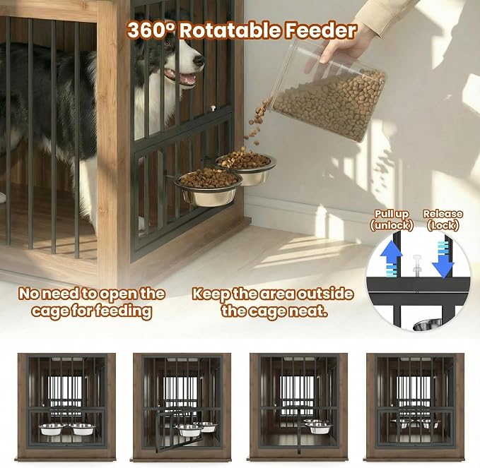 71" Large Dog Crate TV Stand with 3 Fluted Drawers, Furniture Style Wooden Double Dog Crate Furniture with Power Outlet and Rotating Feeders, Dogs Cage for Small Medium Large Dogs, Walnut