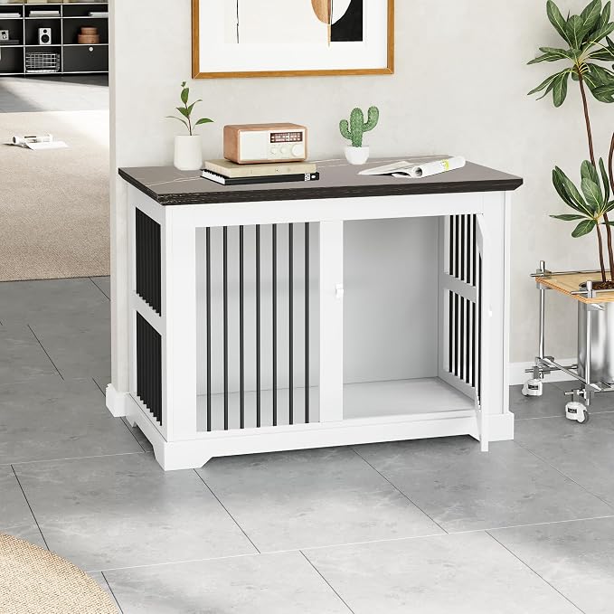 44" Wooden Dog Crate Furniture,Large Kennel Pet Cage End Table for Indoor | for XXL XL Medium Dogs, White and Black, Fits Living Room Bedroom, Heavy Duty Steel Frame with Lock 100 lbs Cap, 100 lbs Top.