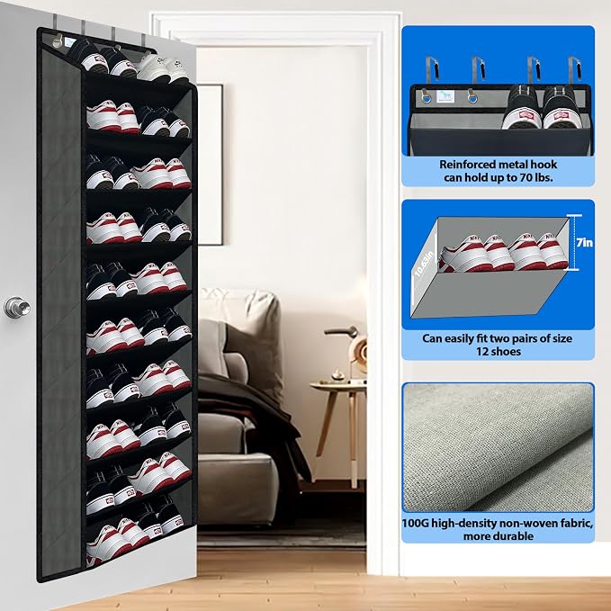 shoe organizer,70 Pounds Large Capacity,20-30-Pair over the door shoe organizer,10 Tiers shoe rack for closet,New upgrade Anti-scratch heavy duty hook and Bamboo material Baffle,Grey/Black | Extra Deep Pockets Over the Door Shoe Organizer for Dorm and ...