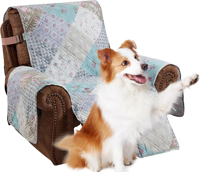 Brilliant Sunshine Blue & Green Roses Couch Recliner Cover, 28" seat | Quilted Sofa Cover, Living Room & Bedroom Furniture Protector, Large Washable Reclining Chair Slipcover for Pets, Dogs & Cats