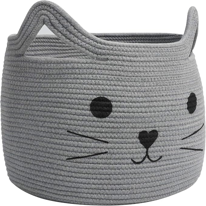 Large Woven Rope Cat Toy Basket with Cat Face Design, Grey | 15.7" x 11.8" Toy Bin & Box for Living Room Nursery, Baby Storage Basket for Towels, Blankets, with Sturdy Handles