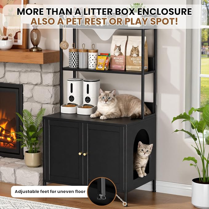 Cat Litter Box Enclosure with Shelves, Large Metal Pet House Washroom Dog Proof Furniture, Hidden Little Box Cabinet, Living Room Side End Table, Indoor Cat House, Assembly Required