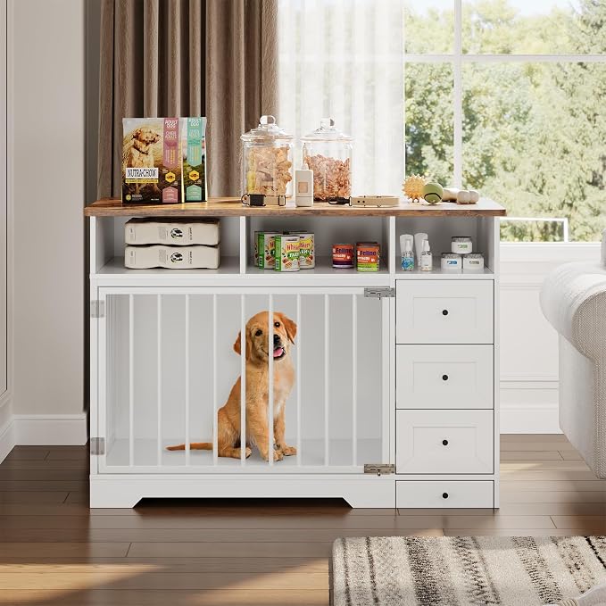 GarveeLife 48'' Dog Crate Furniture with Bowl, Medium Dog Cage, White | Farmhouse Heavy Duty Dog Kennel with Storage Drawers, End Table for Small Medium Dogs