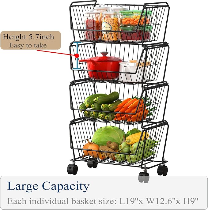 PUSDON 4-Tier Large Stackable Wire Storage Baskets with Wheels, Metal Rolling Utility Cart Organizer, Produce Basket for Kitchen Pantry, Floor Shelf, Matte Black