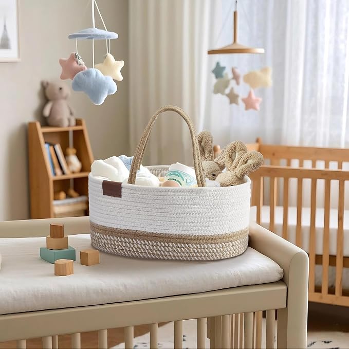 DECOMOMO Diaper Caddy, Empty Woven Basket for Gifts, Large Gift Set | Baby Baskets for Baby Shower Newborn, Caddy Organizer (Spiral Biege & White)