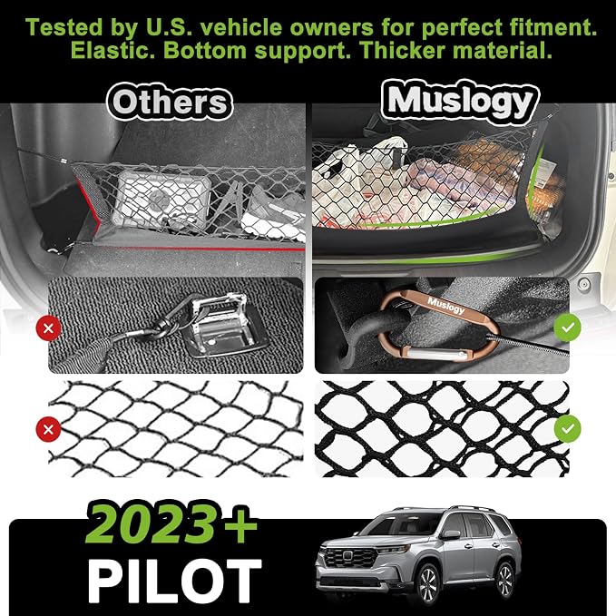 Muslogy Cargo Net for Honda Pilot 2023-2026 & 2026+ Passport Accessories | Custom Fit, Trunk Storage Organizer Net for SUV Sedan Van Divider, with Heavy Duty Carabiners, Night Visible Grab Handle