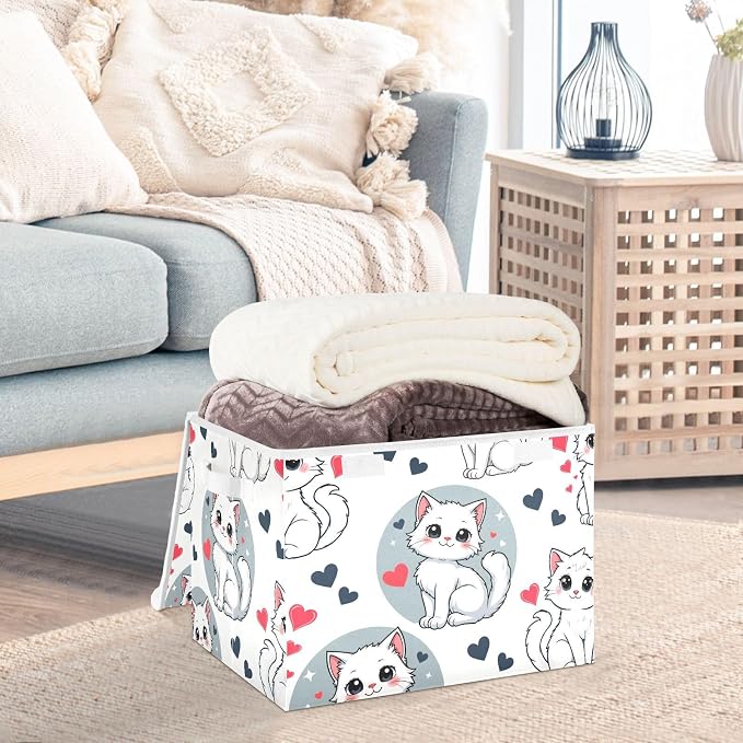 Cat Love Fabric Storage Bins with Lid Foldable Storage Boxes 40L Baskets | Foldable & Stackable, Flip Top Dust Guard, Reinforced Handles, Home & Bedroom, Clothes & Toys, Oxford Print Basket