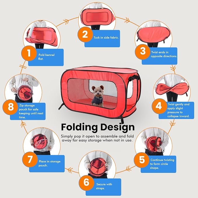 Portable Collapsible Pop Up Kennel, 32.5" L x 19.5" W x 19.5" H, Red | Collapsible indoor/outdoor travel cat and dog crate with mesh screen windows pops up and folds flat for easy storage