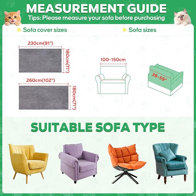 Loiion Cat Scratch Proof Furniture Protector Waterproof Sofa Cover 91"x71" | Pet-Friendly Couch Protector, Anti-Scratch & Anti-Slip Sofa Cover For Cats Dogs Kids, Machine Washable