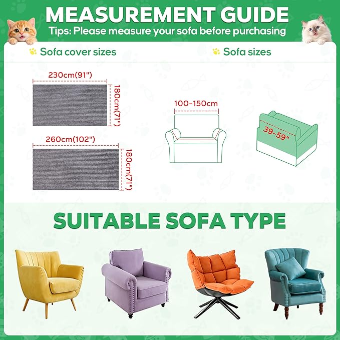 Loiion Cat Scratch Proof Furniture Protector Waterproof Sofa Cover 102"x71" | Pet-Friendly Couch Protector, Anti-Scratch & Anti-Slip Sofa Cover For Cats Dogs Kids, Machine Washable