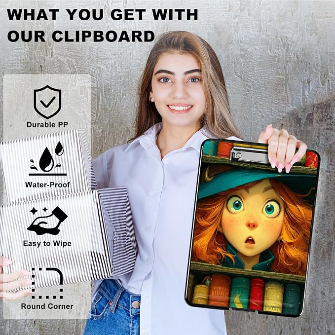 Heavy Duty Storage Clipboard, Slim Nursing Clipboard with Internal Pen Case, Portable File Organizer Case for A4 Letter Size Paper Office Medical Professionals, Colorful Book Girl