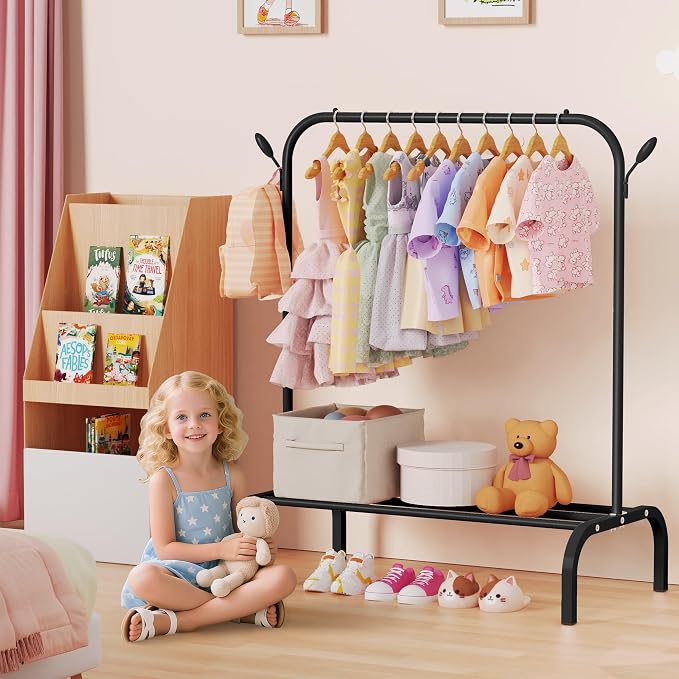 Kids Clothes Rack for Ages 3-6, Montessori Kids Clothing Rack, Black | Kids Dress up Rack with Bottom Shelf & Side Hooks, Toddler Wardrobe Rack for Bedroom, Playroom, Nursery & Small Room Storage