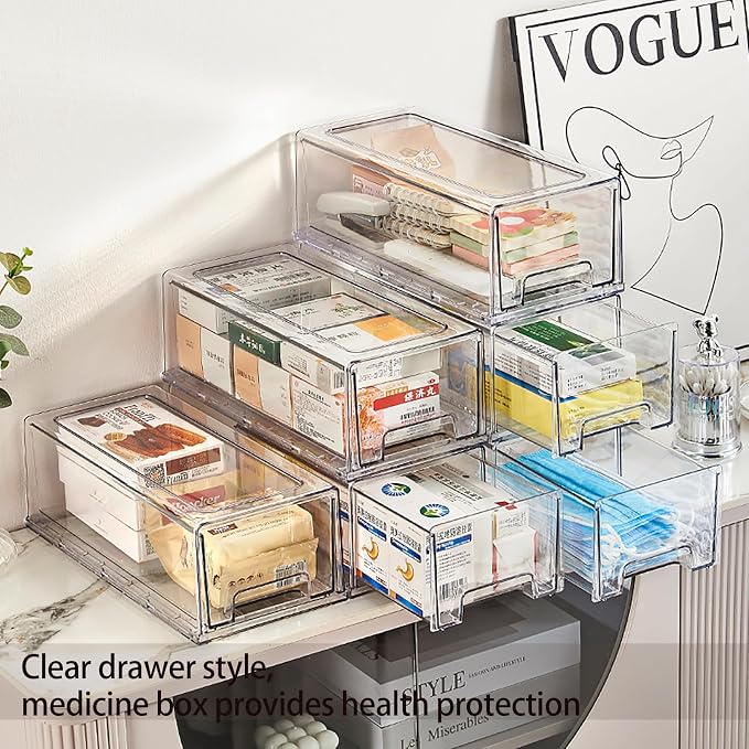6 Pack Stackable Organizer Drawers, Clear Desk Storage Box,Transparent Drawer in Home, Office and Kitchen Pull Out Organizer Bins for Make Up, Jewelry, Pen, Desktop Stationary (6L drawer)
