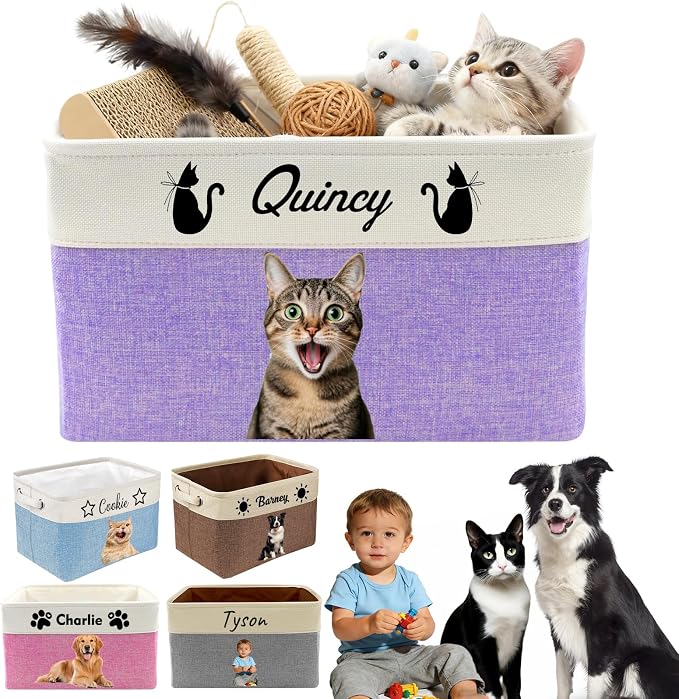 Personalized Dog Toy Storage Basket Custom Pet Storage Bins with Name Photo Collapsible Organizer Box Customized Baby Basket Container for Dolls Toys Coats Clothing Purple