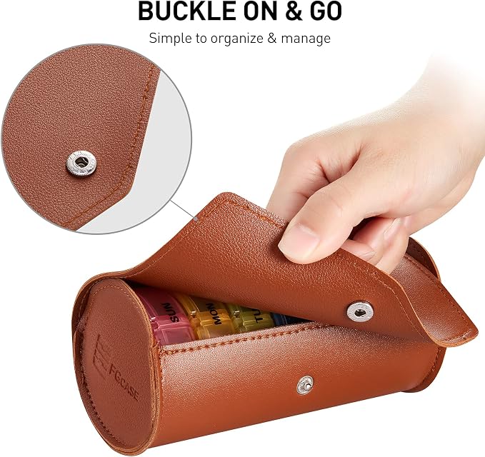 FGcase Weekly Pill Organizer 2 Times a Day Large 7 Day Rainbow Pill Box with Brown PU Leather Case Portable Travel Medication Container AM PM Pill Box for Vitamins, Fish Oils, Medicine, Supplements