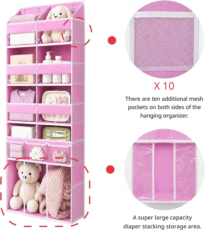 Extra Large Over The Door Organizer with Clear Pockets - 8 Compartments & XL Bottom Storage, Heavy-Duty Hanging Organizer for Bathroom, Bedroom, Closet (57 Inch Height). (Pink)