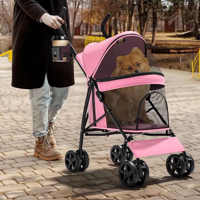 Magshion Compact Fold Pet Travel Stroller for Small Dogs Cats, Pink | Up to 22lbs, 4-Wheel Lightweight Umbrella Shaped Design, Safety Tethers, Breathable Mesh, Cup Holder & Rear Storage