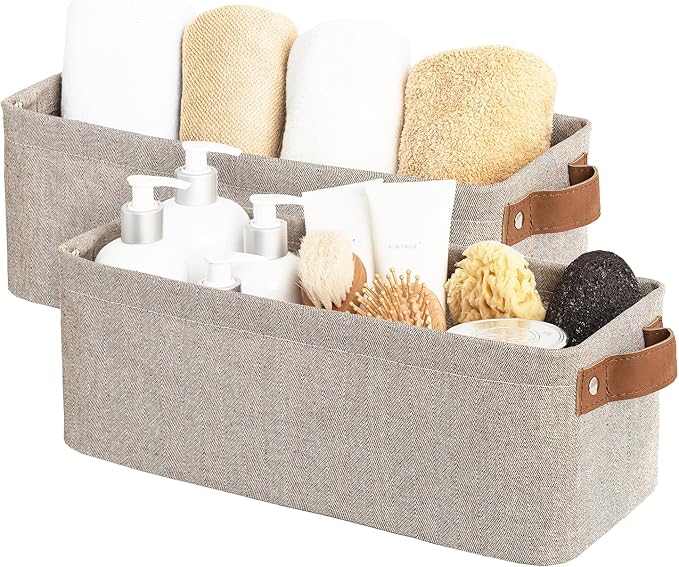 StorageWorks Narrow Storage Bins, Long Baskets, Brown and Beige, 2-Pack | With Metal Frame, Sturdy Structure, Reinforced PU Handles, Toilet Paper Storage, Small Baskets for Bathroom, Closet, Shelf