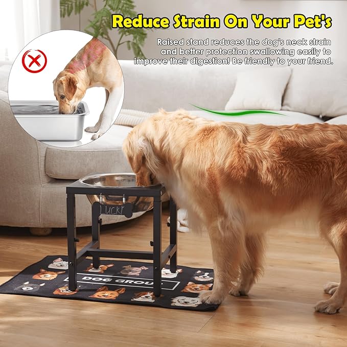 ADENGL 1.6 Gallon Elevated Dog Water Bowl for Large Dogs, 4-Height Adjustable (13–18'') Raised Stainless Steel Bowl with Spill-Proof Mat & Sturdy Metal Stand, Easy-Clean Feeder for Indoor/Outdoor Use