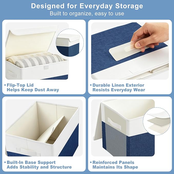 Large 22 Quart Linen Fabric Foldable Storage Bin Cube Organizer Basket with Flip-Top Lid & Handles, Clothes Blanket Box for Home, Office, Closet, Navy Blue & White, 4 Pack 14.6 x 9.5 x 9.5