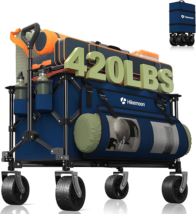 HIKEMOON 150L Collapsible Wagon Compact with Big Wheels, 420LBS Blue | Wagons Carts Foldable, Heavy Duty, Portable, All-Terrain, Utility Folding Cart for Shopping/Beach/Garden/Camping/Sports