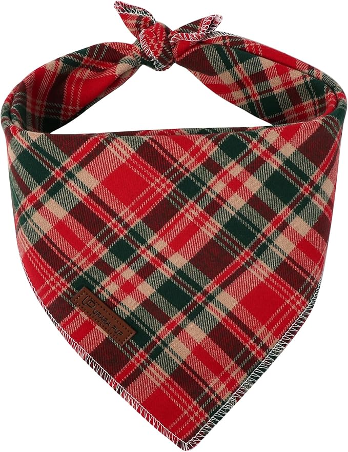 Christmas Plaid Dog Bandana–Red and Green Checked Triangle Scarf for Small Medium Large Dogs, Soft Cotton Pet Bib for Winter & New Year, Adjustable Dog Kerchief